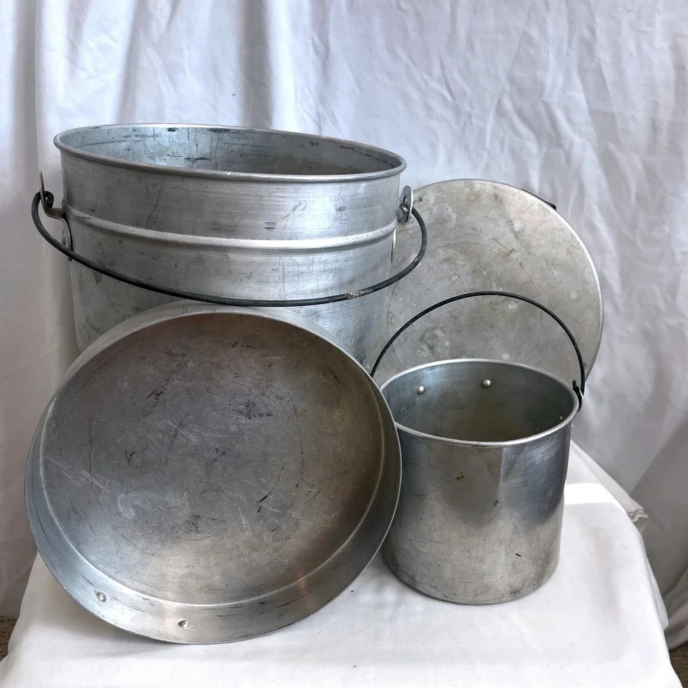 Vintage Aluminum Nesting Camping Cookware Set 3 Pots 1 Lid Glamping Outdoor